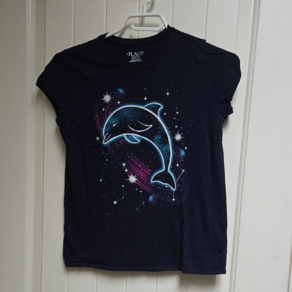 The Children Place Kids Cotton Dark Blue Dolphin Galaxy  Shirt XL Short Sleeve